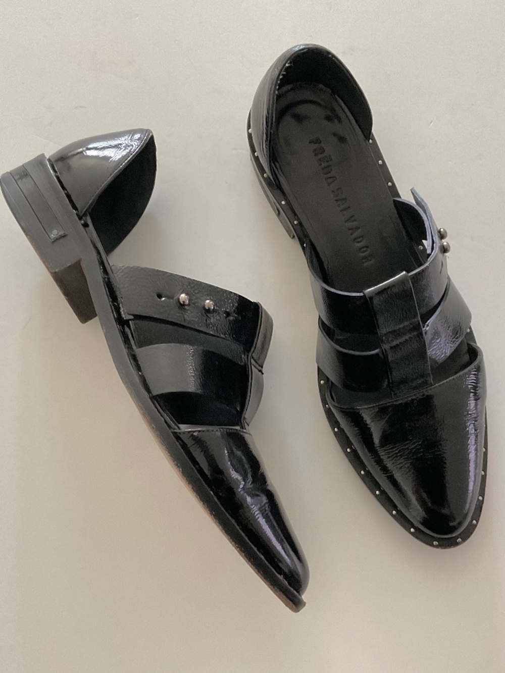 FREDA SALVADOR Lock Black Patent Leather Caged T-Strap Flats Size 6